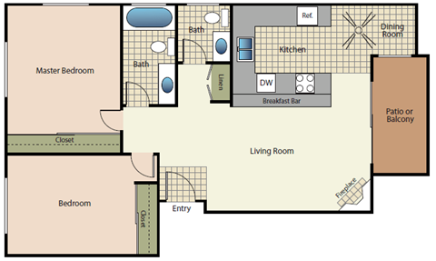 Two bedrooms one and a half bath apartment floorplan